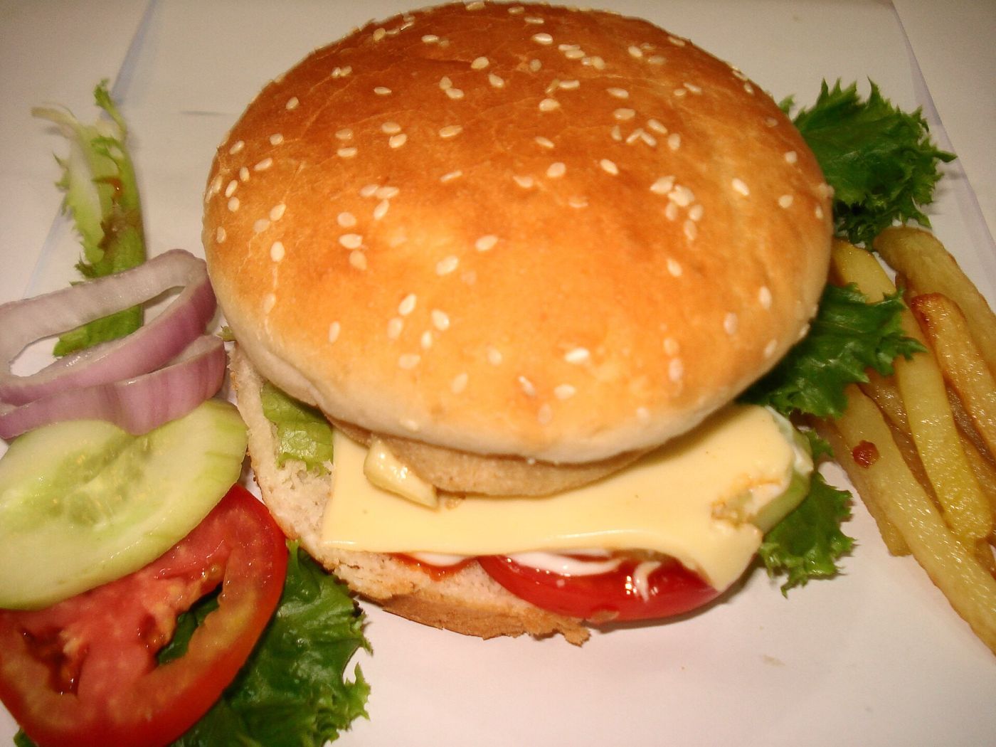 Imagem ilustrativa: hambúrguer com queijo, salada e batata frita